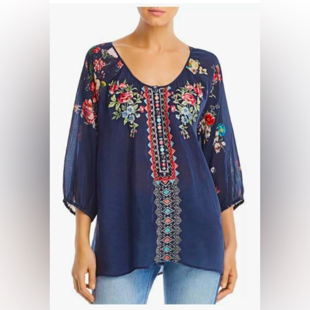 Johnny Was Sheera Embroidered Contrast Blouse Dark Blue Multi Sz XL NWT